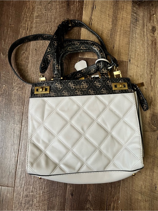 Guess Handbags - GUESS White Quilted Satchel with Black Logo Trim and Gold Hardware